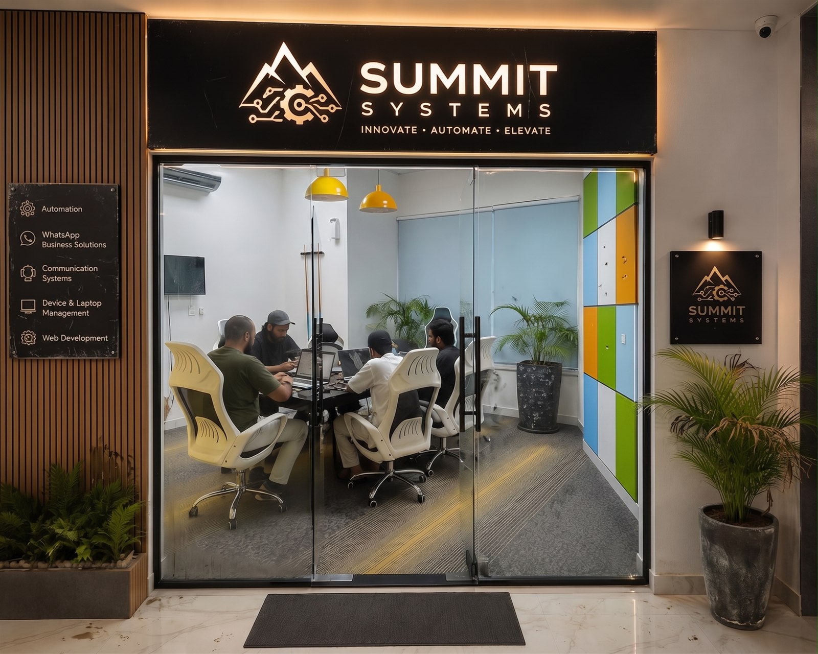 The Summit team working inside the studio, behind the branded storefront and services board